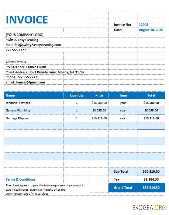 Modèle de facture de service de nettoyage vierge